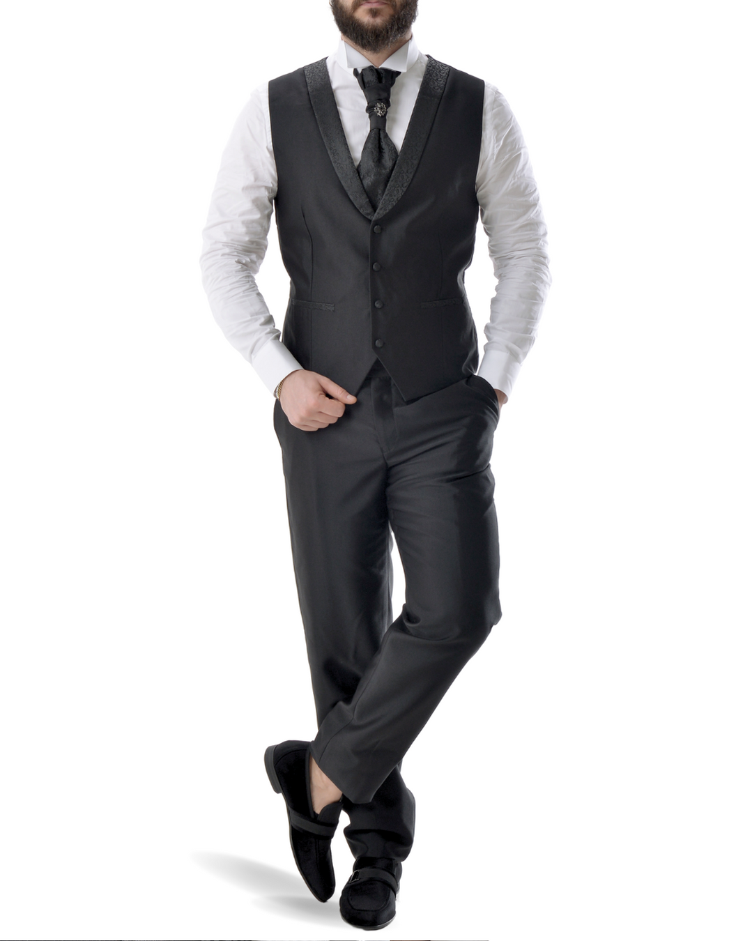 Abito completo giacca pantalone gilet e cravattone nero lucido