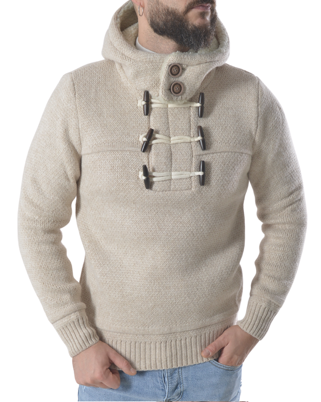 Maglia pesante con alamari e mezza zip frontale art 6555 beige