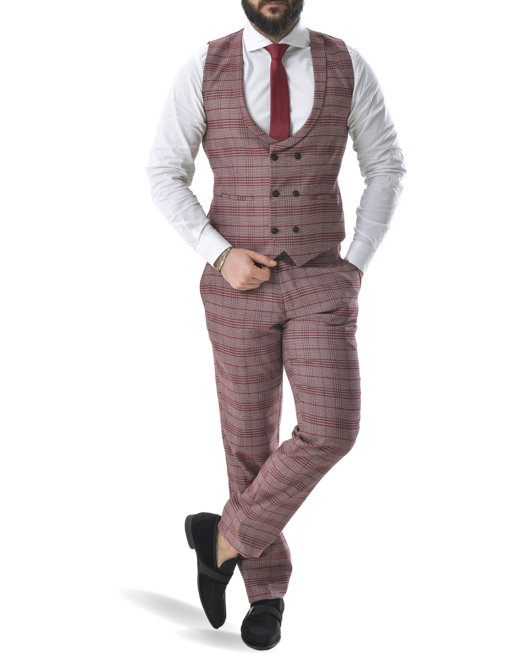 Abito completo giacca pantalone e gilet rosso quadro dandy