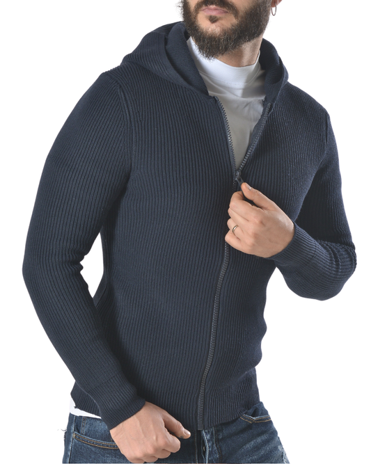 Cardigan a costine con cappuccio tinta unita art 9937 blu scuro