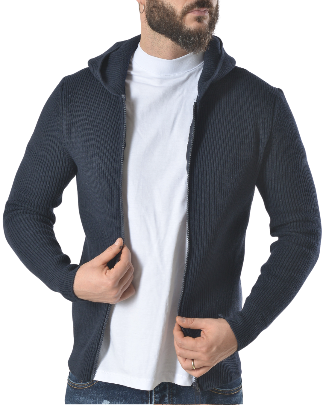 Cardigan a costine con cappuccio tinta unita art 9937 blu scuro