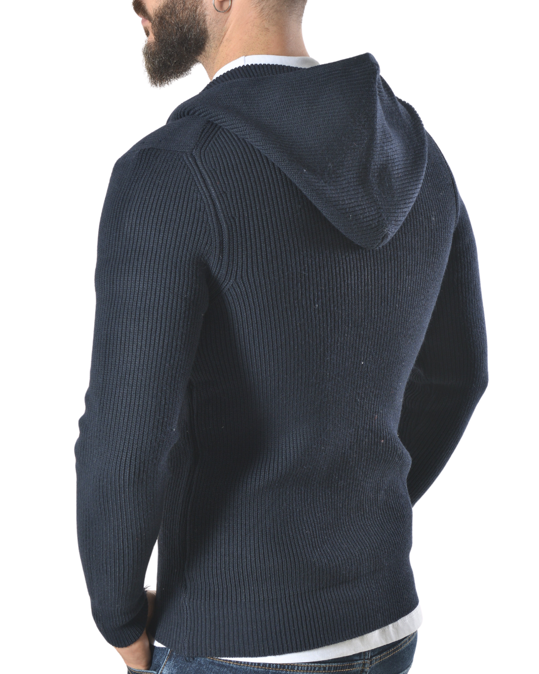 Cardigan a costine con cappuccio tinta unita art 9937 blu scuro