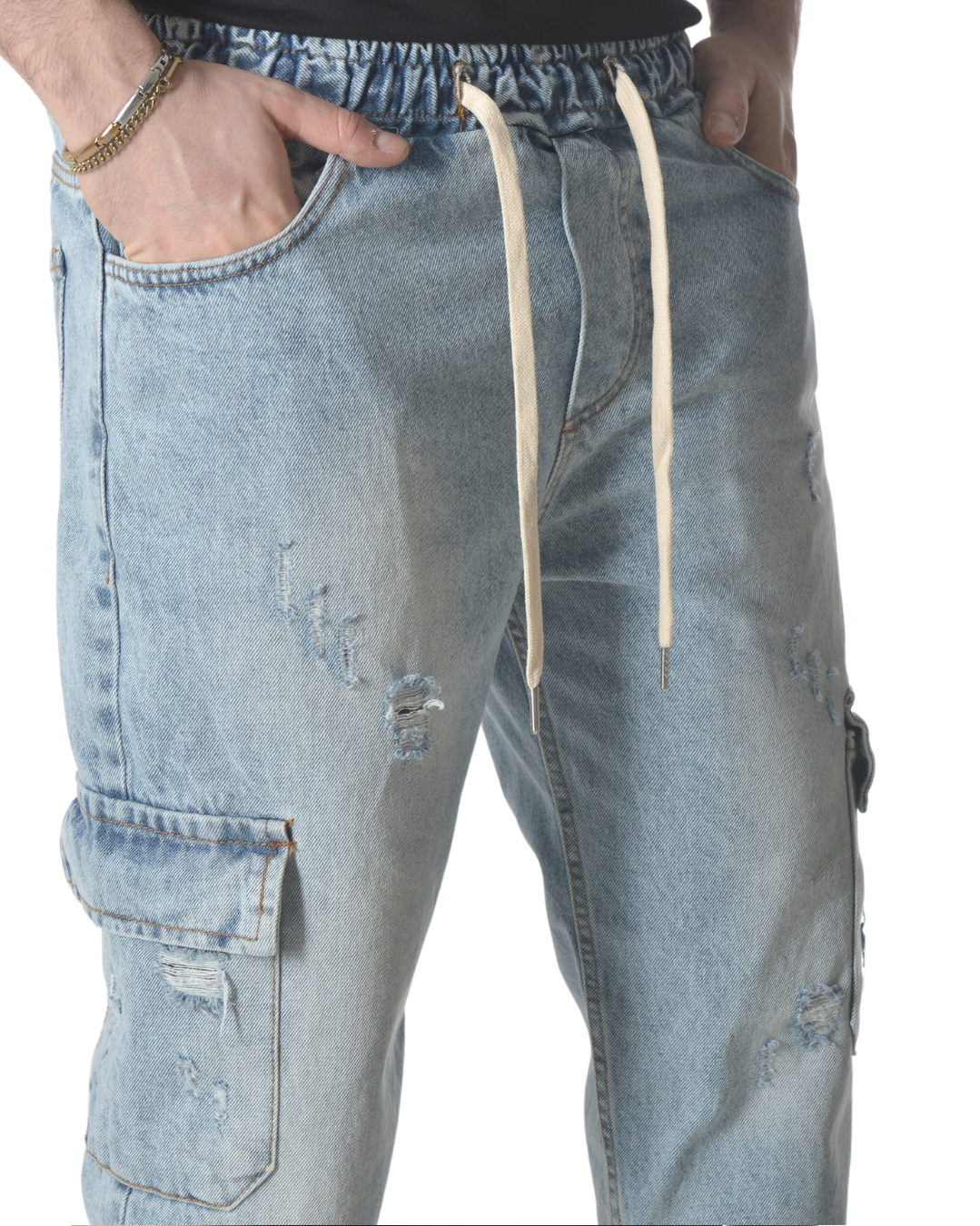 Jeans cargo art varenne loose fit denim chiaro con piccole rotture