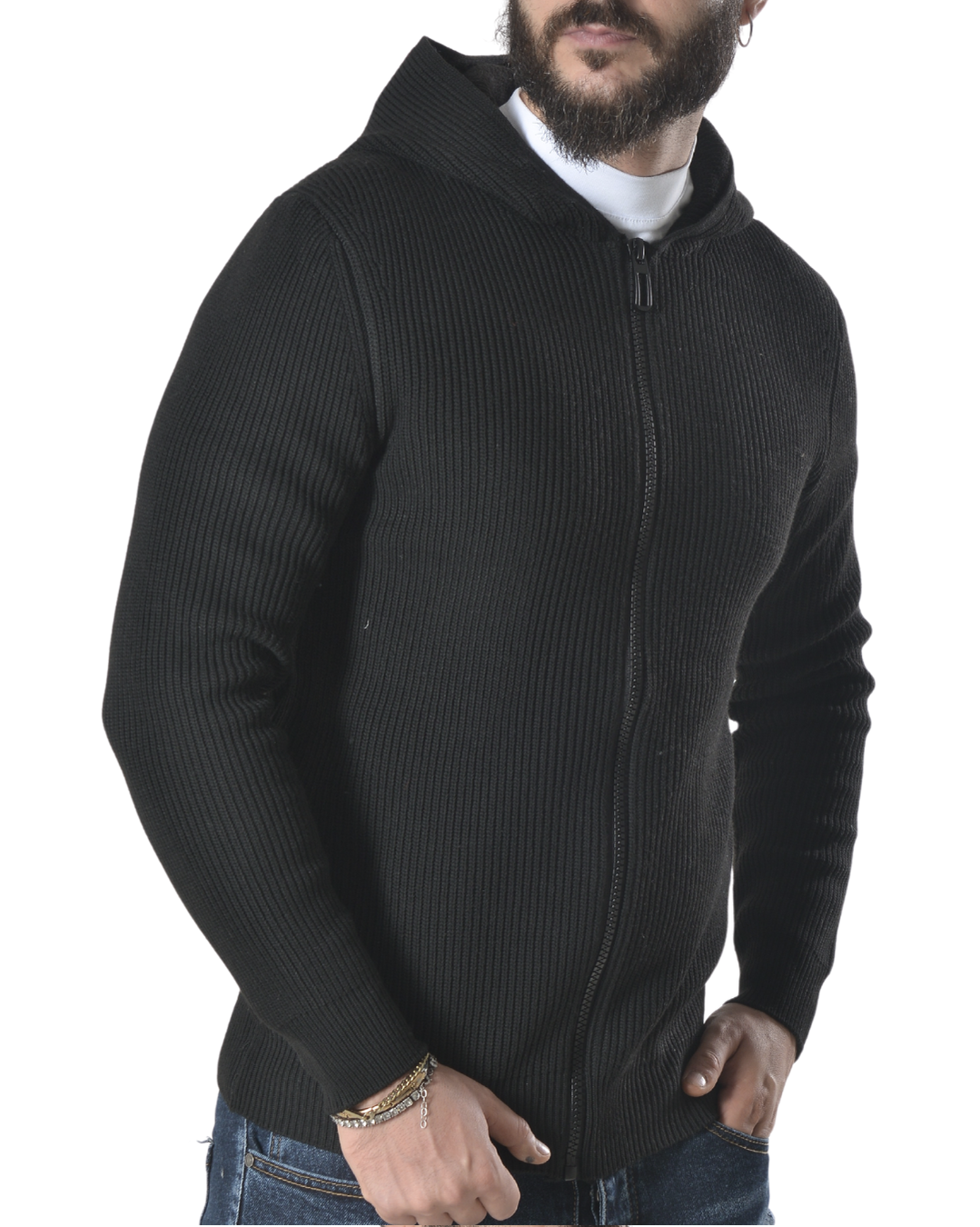 Cardigan a costine con cappuccio tinta unita art 9937 nero