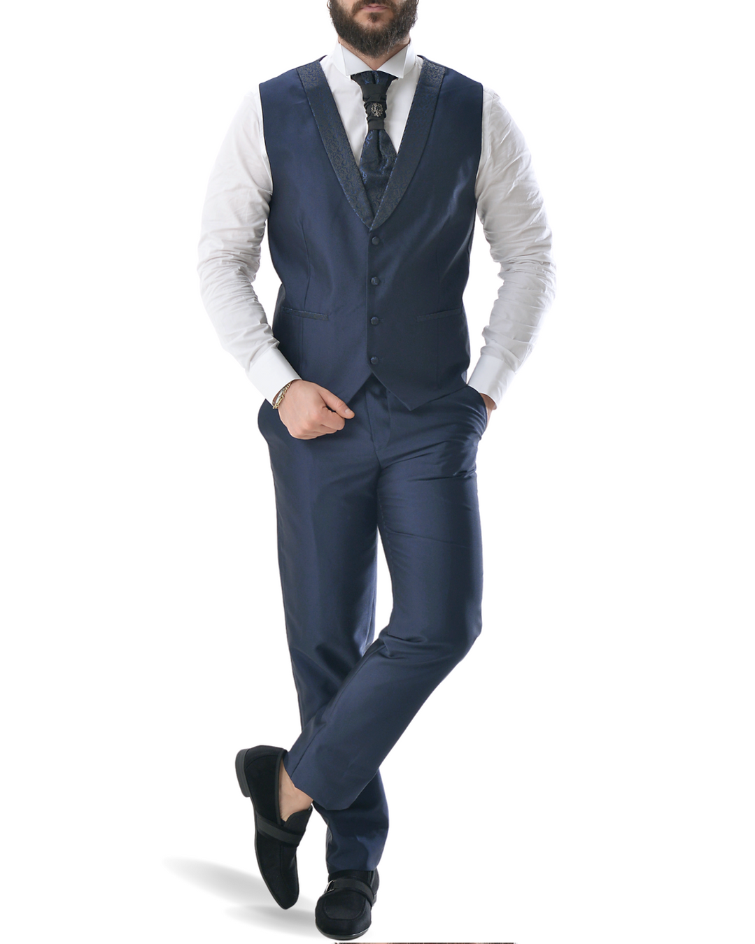 Abito completo giacca pantalone gilet e cravattone blu lucido