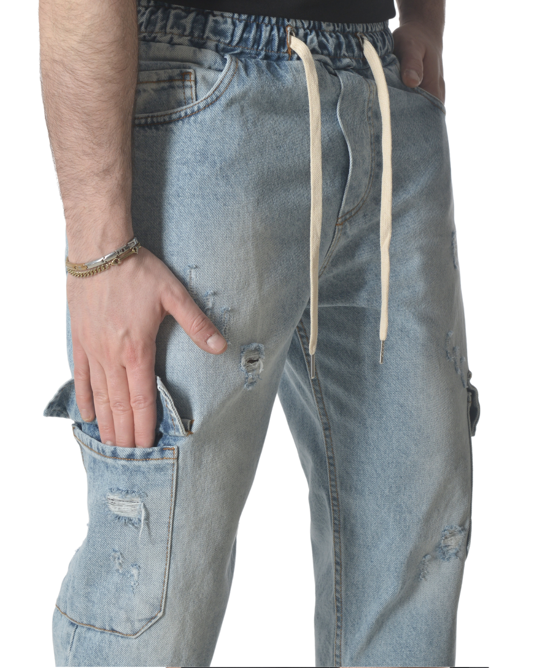 Jeans cargo art varenne loose fit denim chiaro con piccole rotture