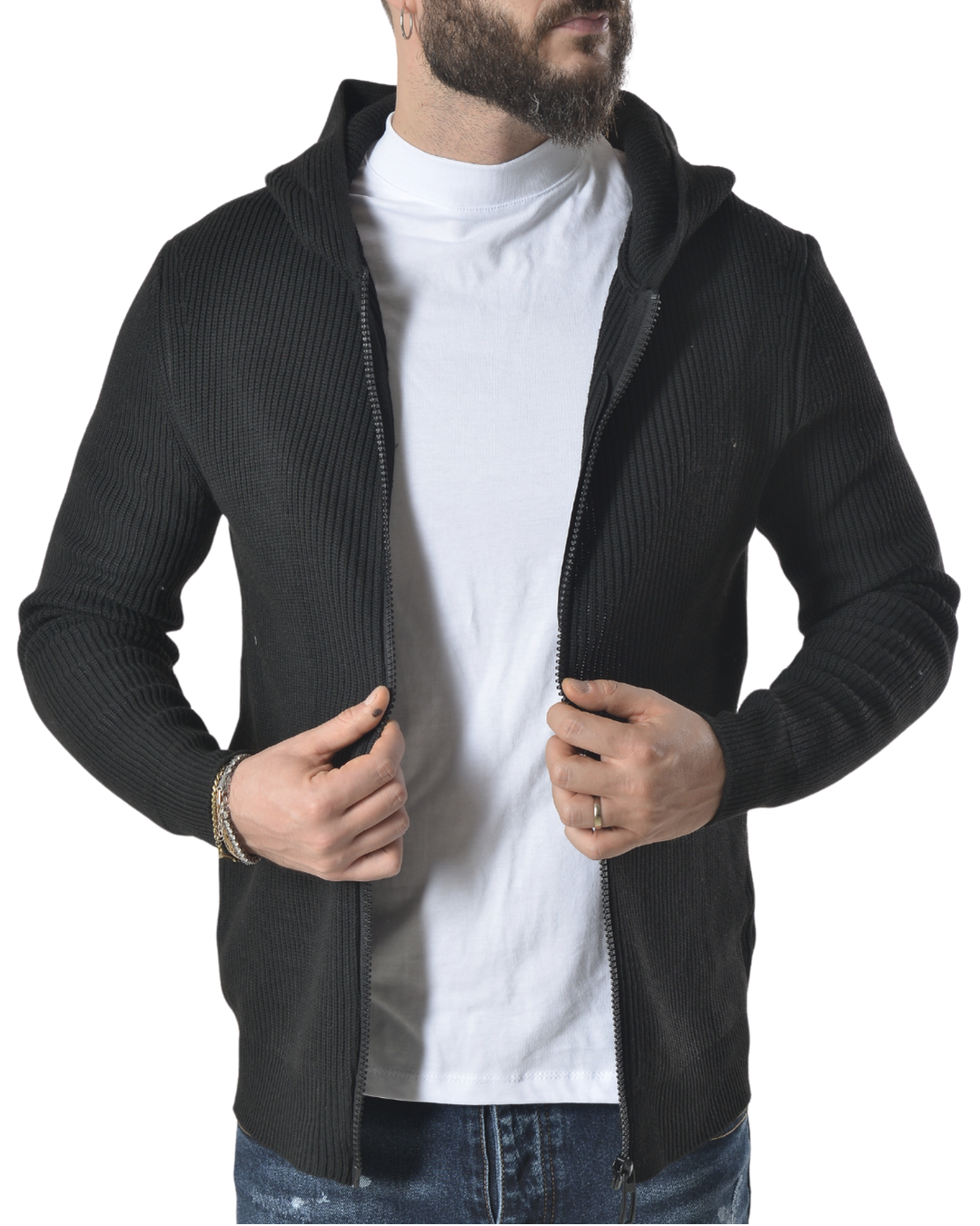 Cardigan a costine con cappuccio tinta unita art 9937 nero