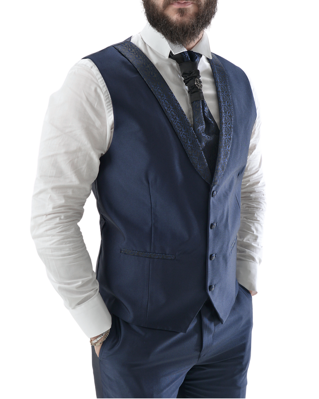 Abito completo giacca pantalone gilet e cravattone blu lucido