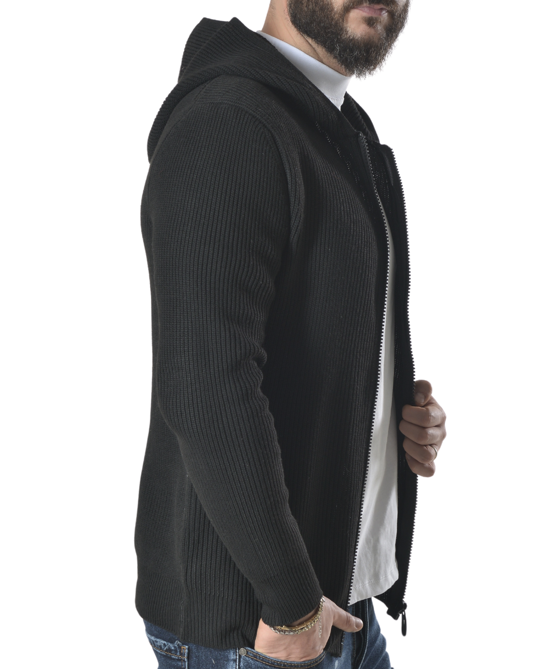 Cardigan a costine con cappuccio tinta unita art 9937 nero