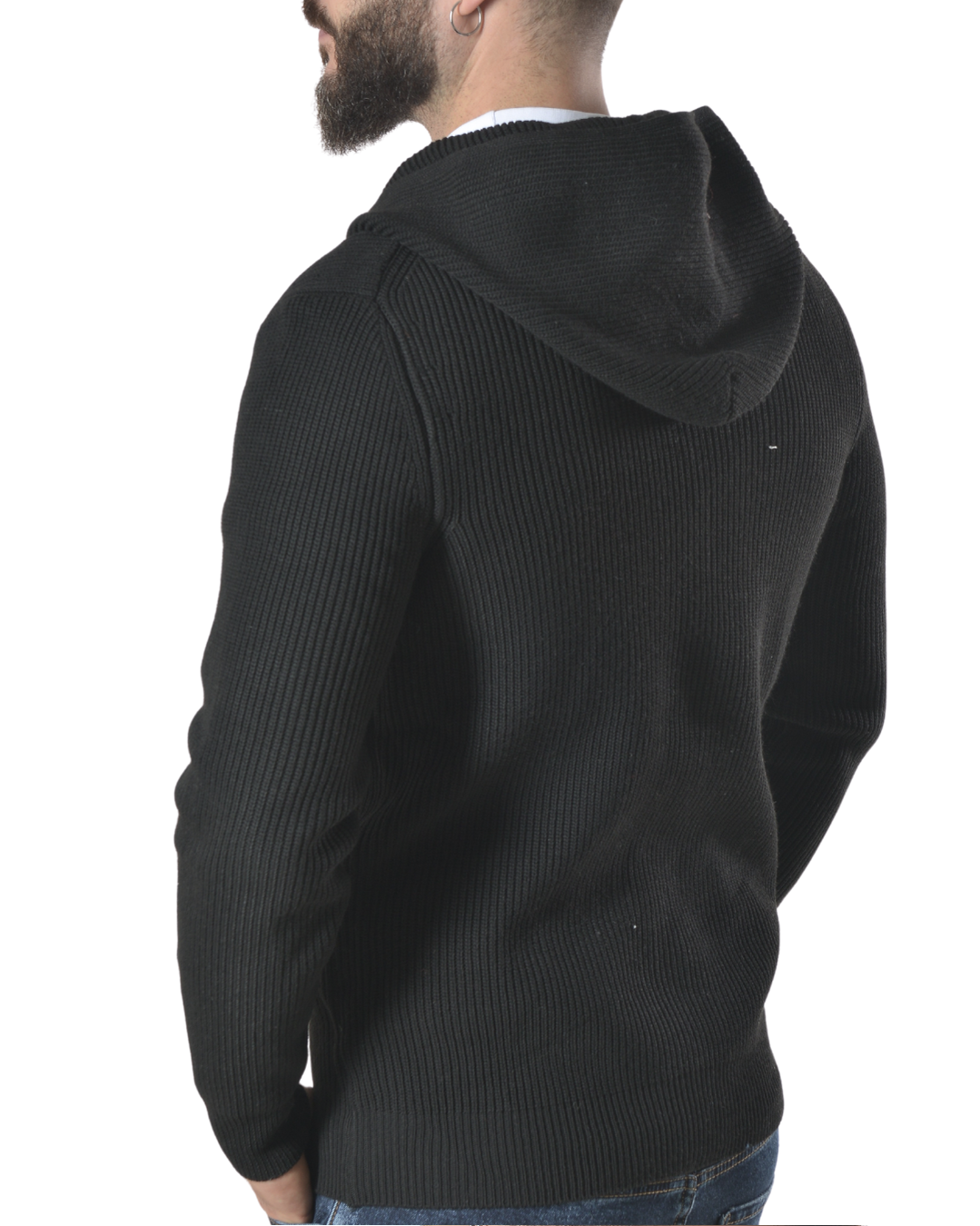 Cardigan a costine con cappuccio tinta unita art 9937 nero