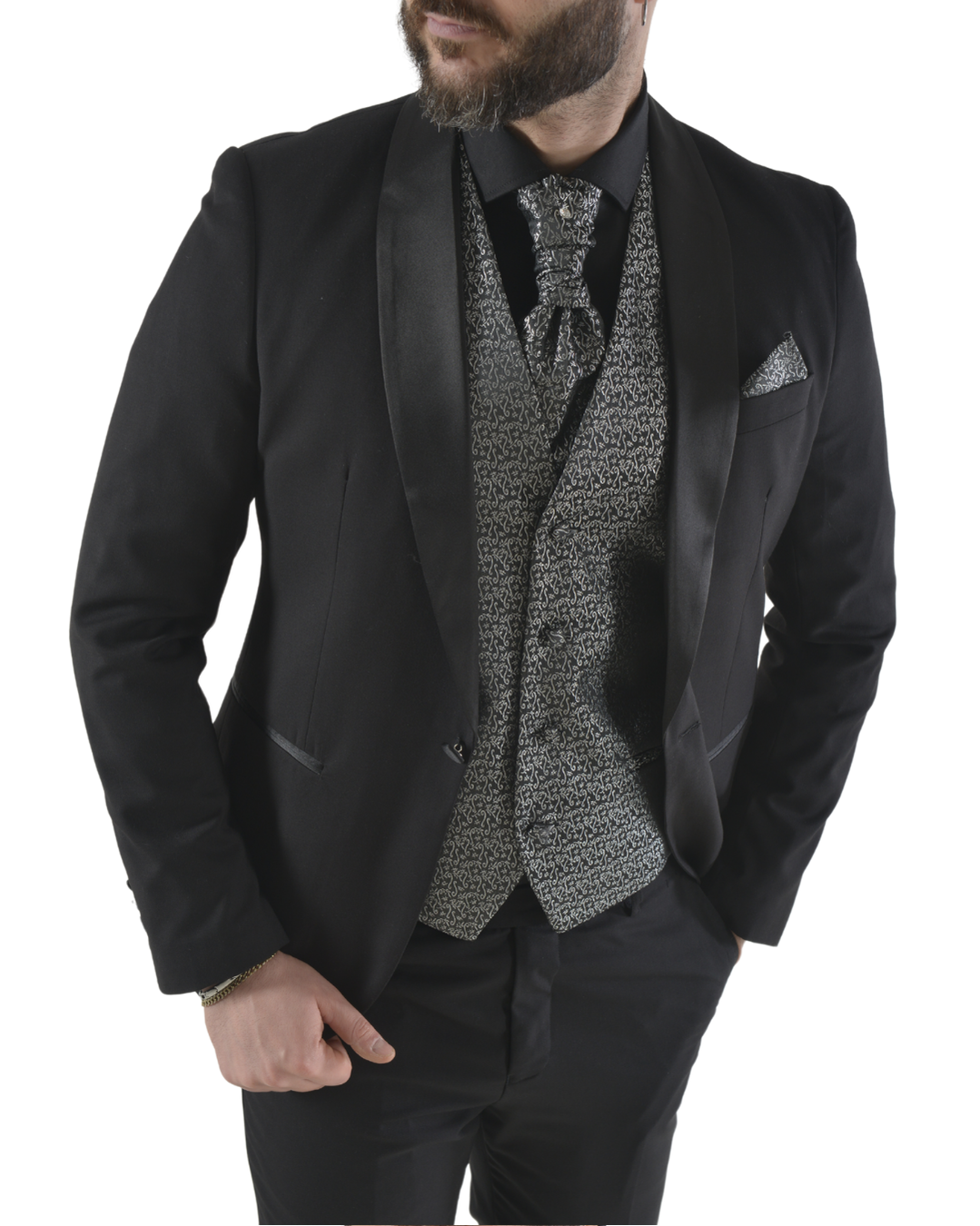 Abito completo elegante con gilet e cravattone art smoking nero