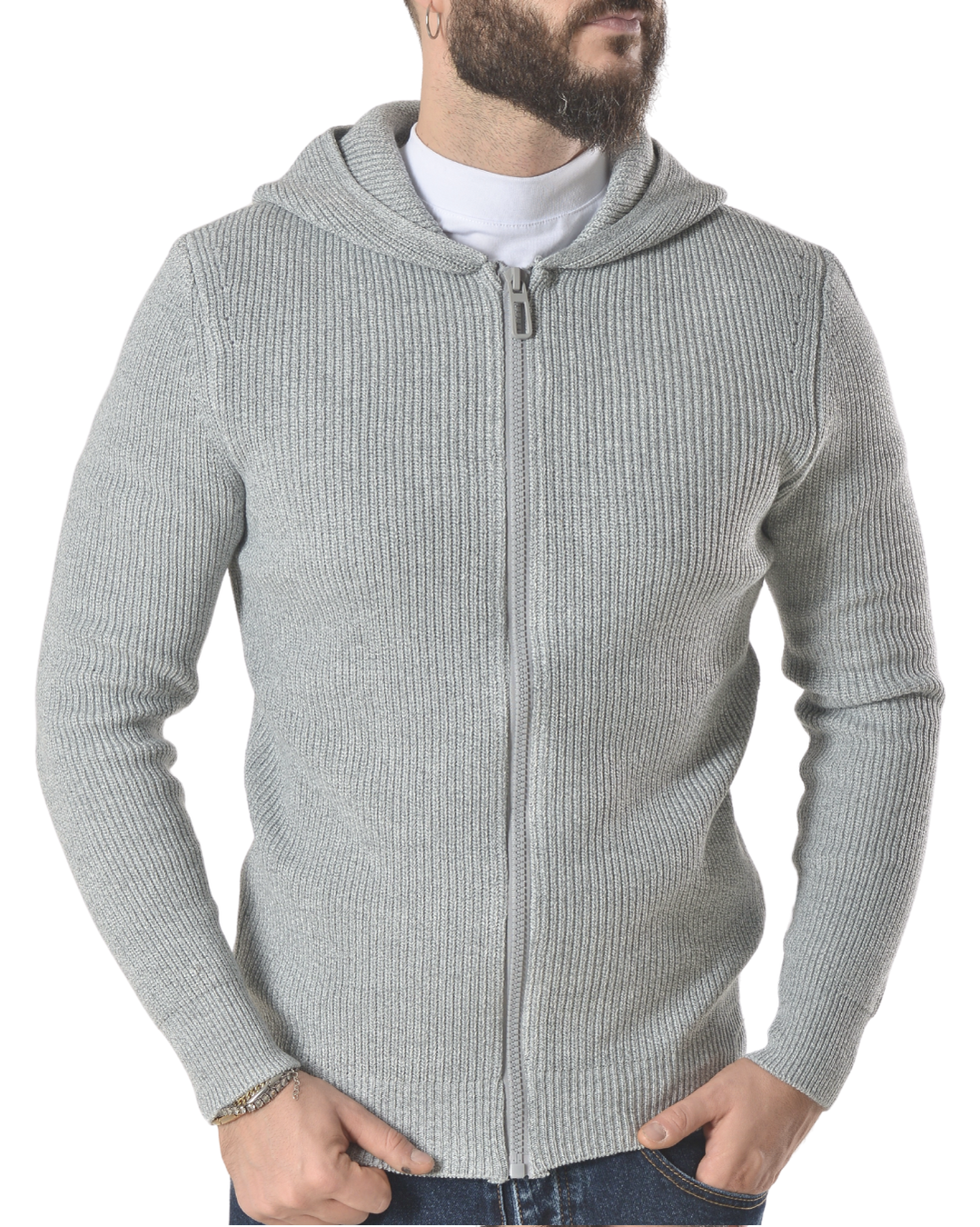 Cardigan a costine con cappuccio tinta unita art 9937 grigio chiaro