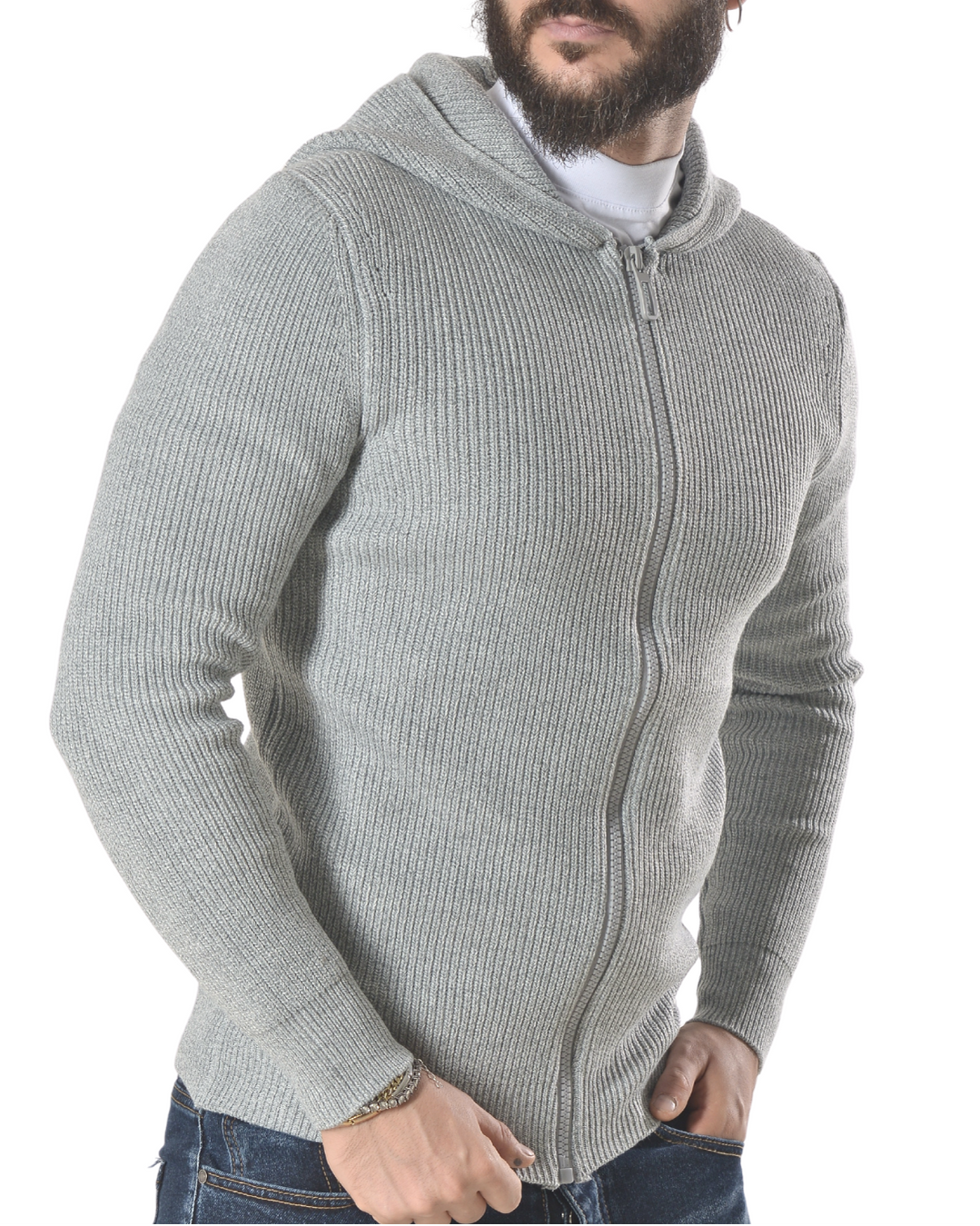 Cardigan a costine con cappuccio tinta unita art 9937 grigio chiaro