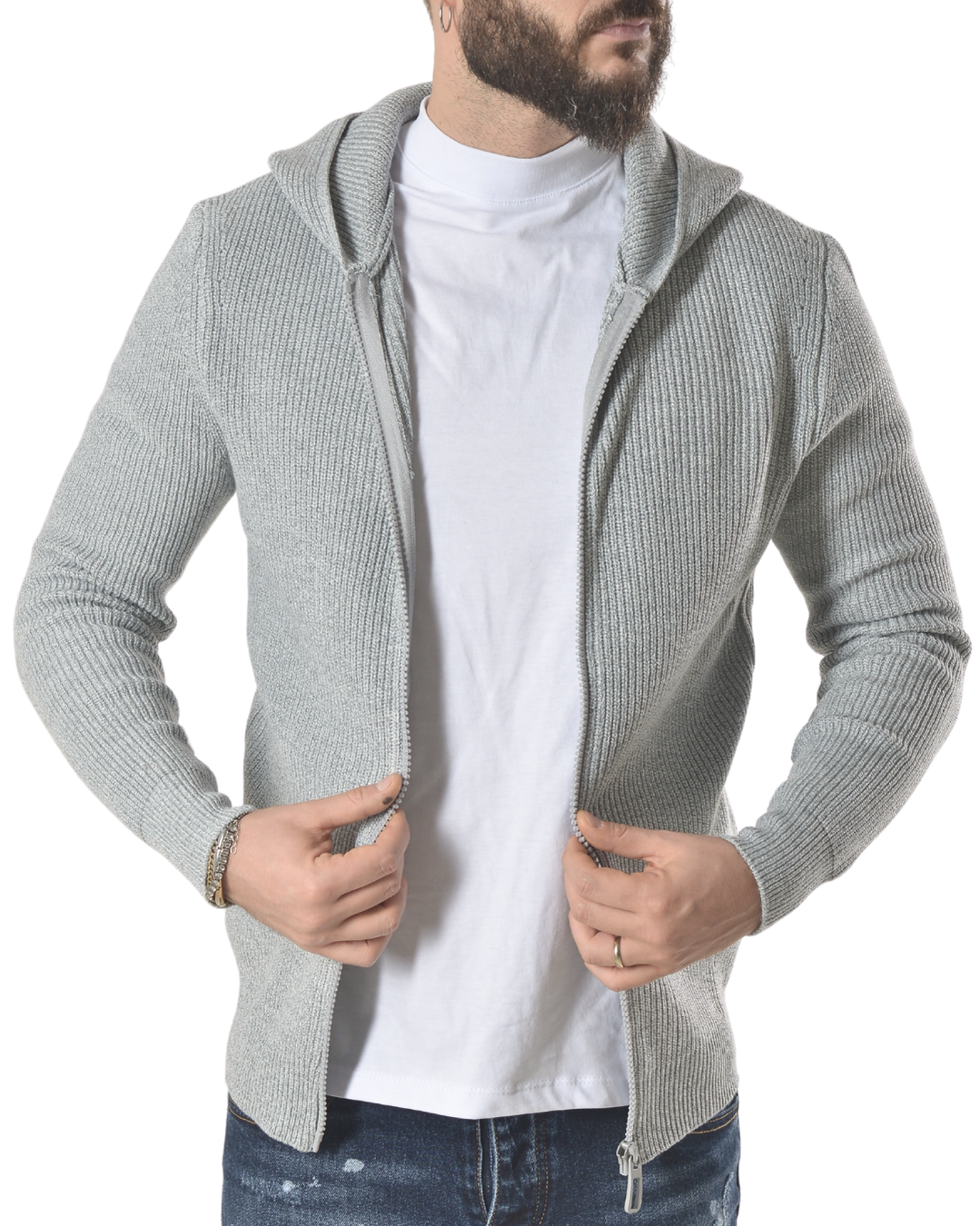 Cardigan a costine con cappuccio tinta unita art 9937 grigio chiaro