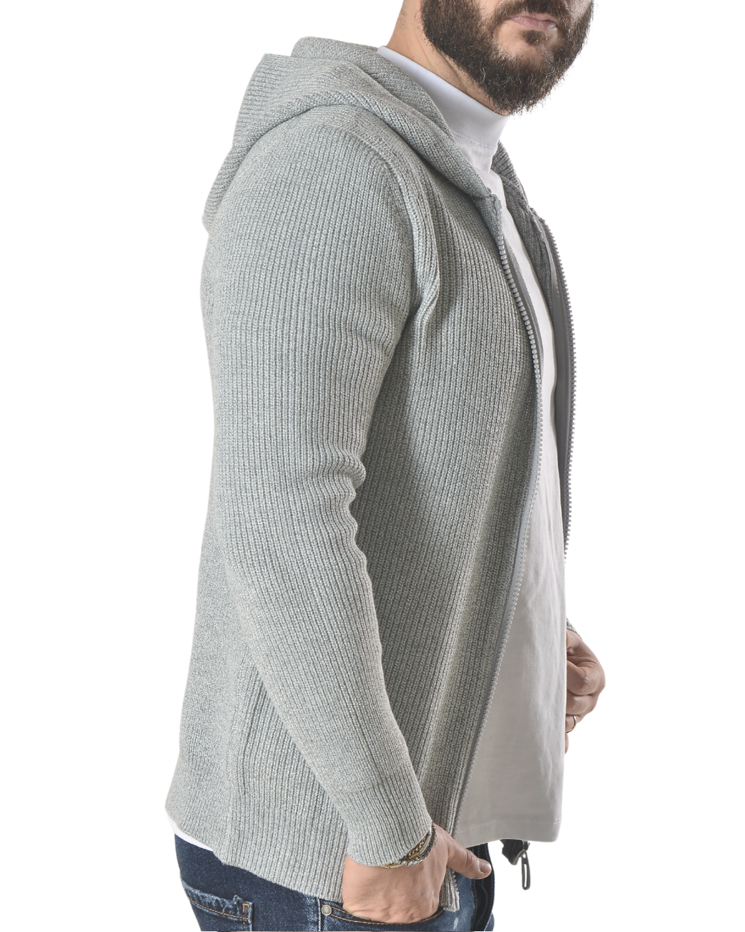 Cardigan a costine con cappuccio tinta unita art 9937 grigio chiaro