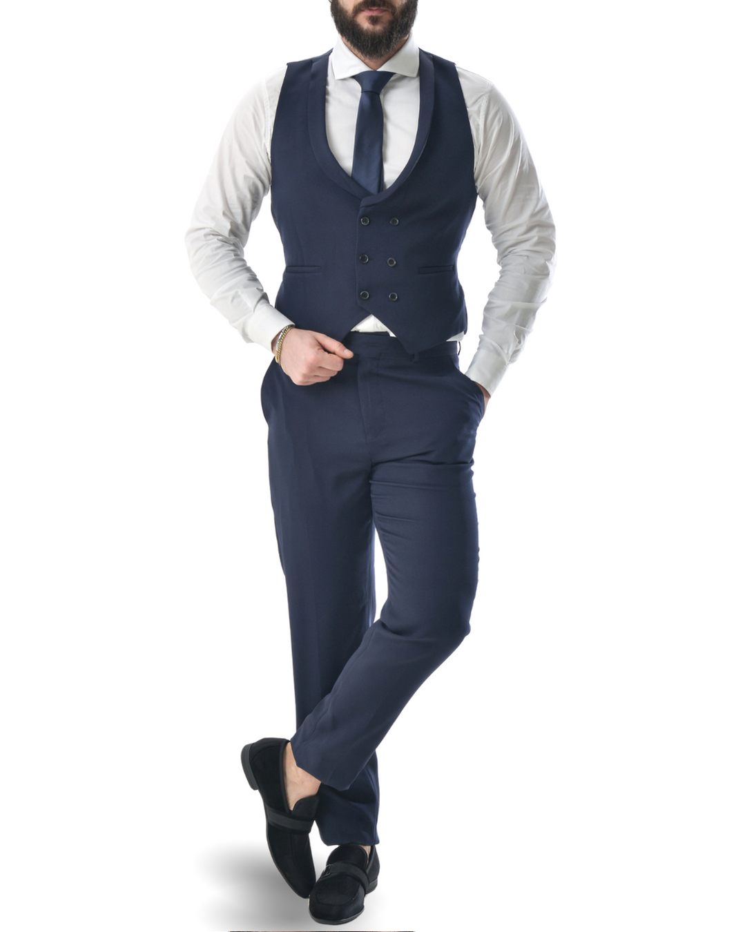 Abito completo giacca pantalone e gilet blu scuro monaco