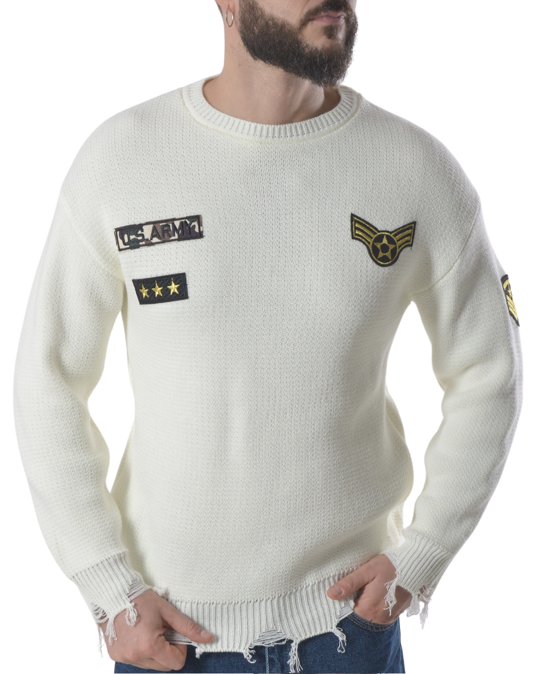 Maglia girocollo con patch e rotture art 196 bianco panna