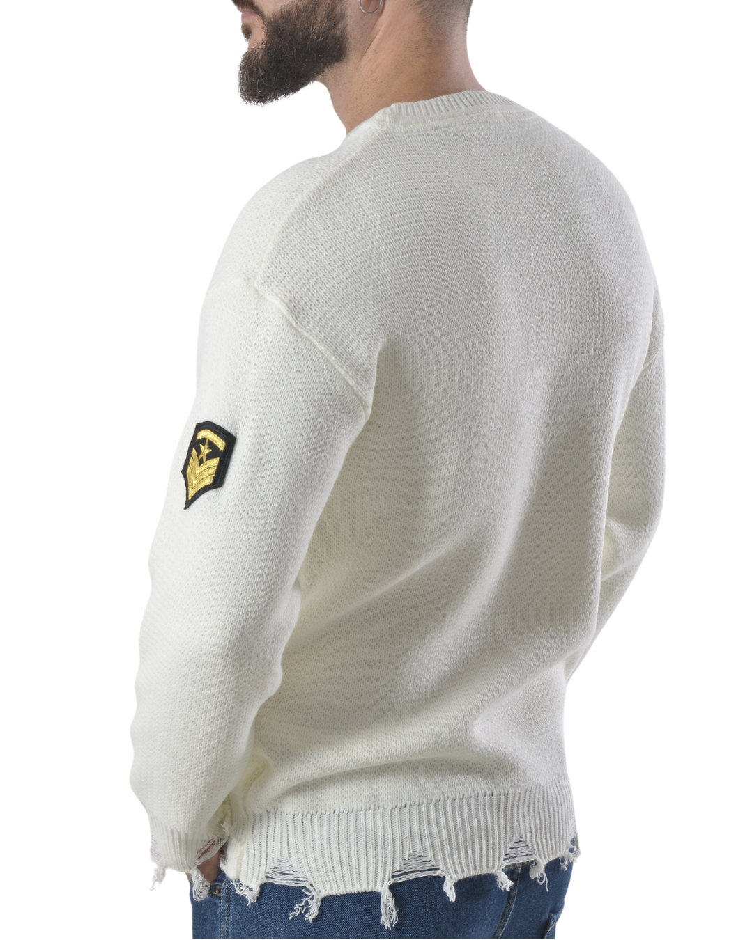 Maglia girocollo con patch e rotture art 196 bianco panna