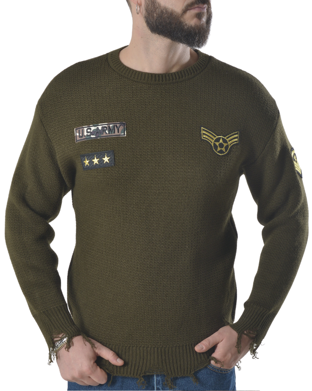 Maglia girocollo con patch e rotture art 196 verde militare