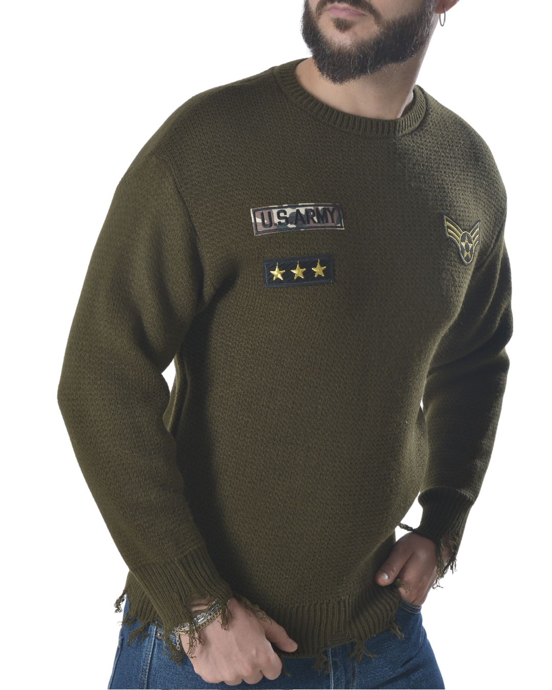 Maglia girocollo con patch e rotture art 196 verde militare