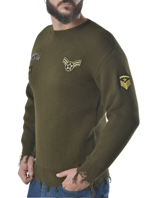 Maglia girocollo con patch e rotture art 196 verde militare