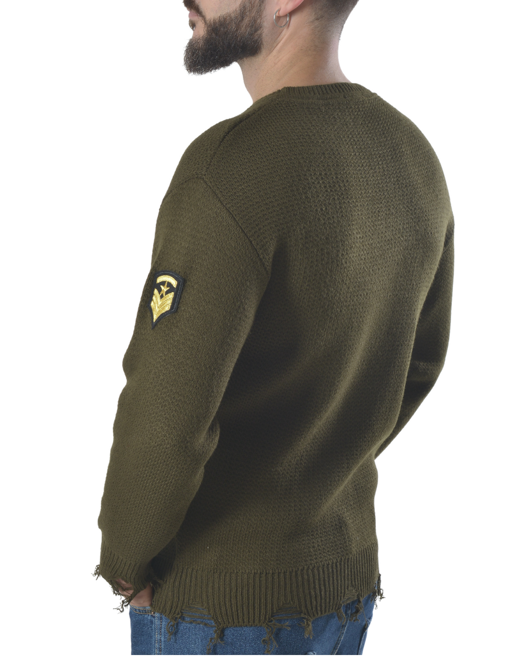 Maglia girocollo con patch e rotture art 196 verde militare