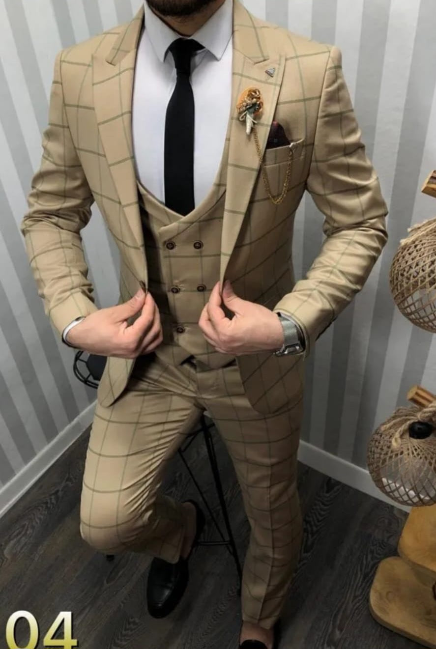 Abito completo giacca pantalone e gilet quadro beige chiaro dandy