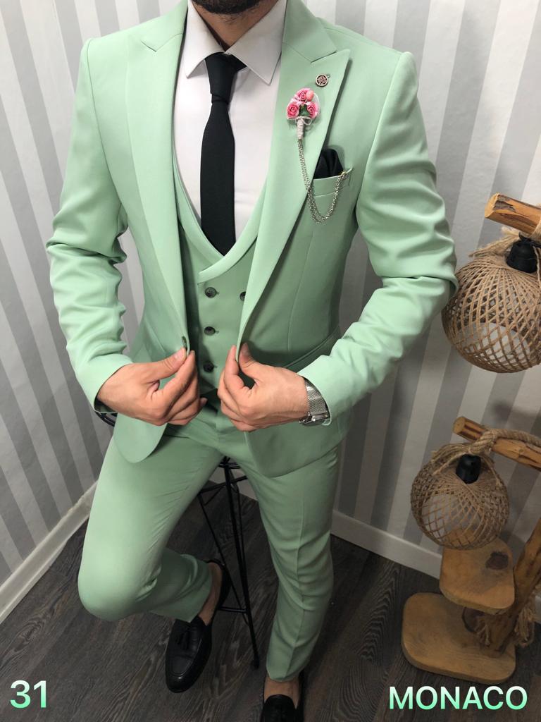 Abito completo giacca pantalone e gilet verde chiaro monaco