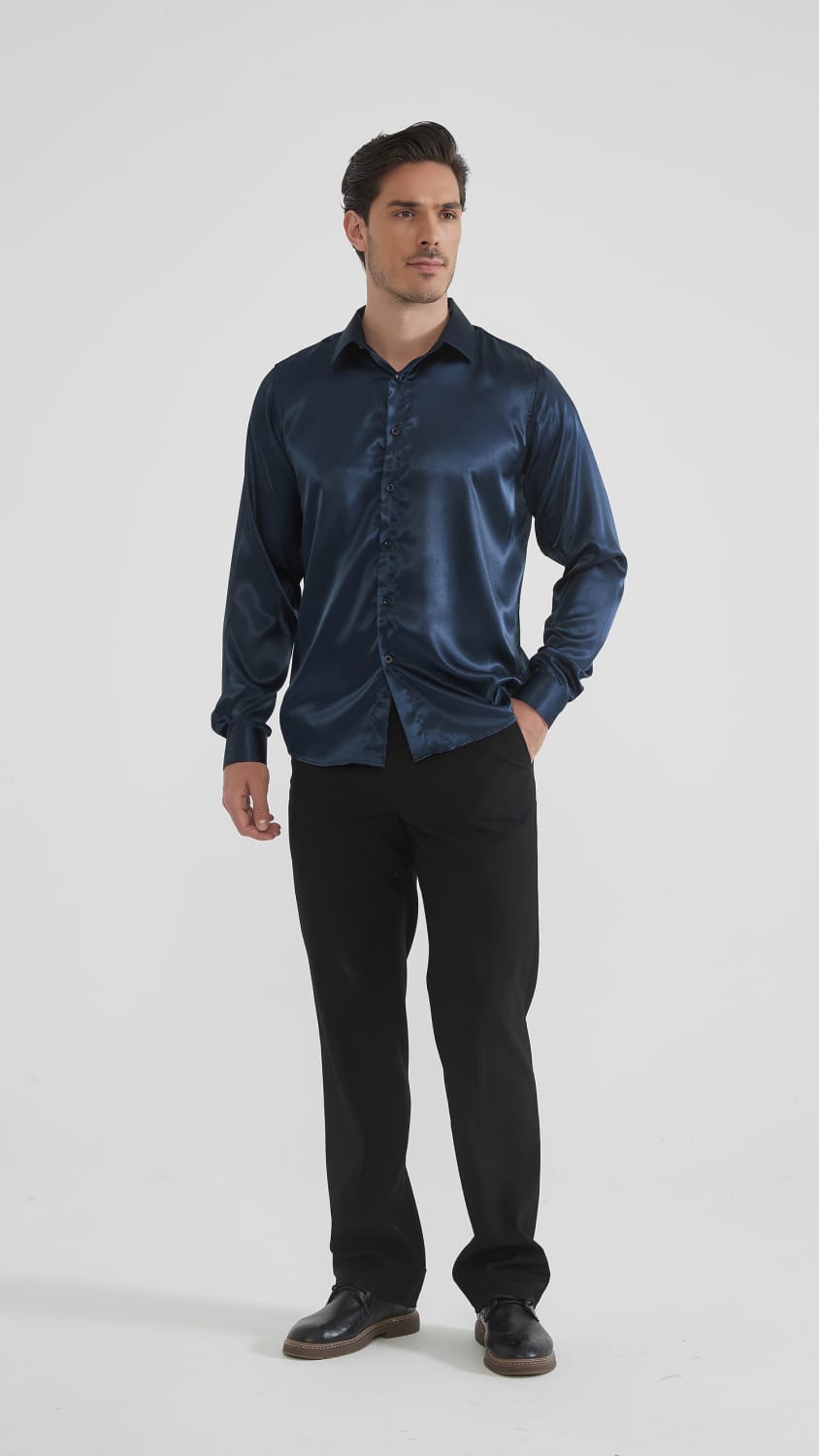 Camicia lucida in raso blu scura
