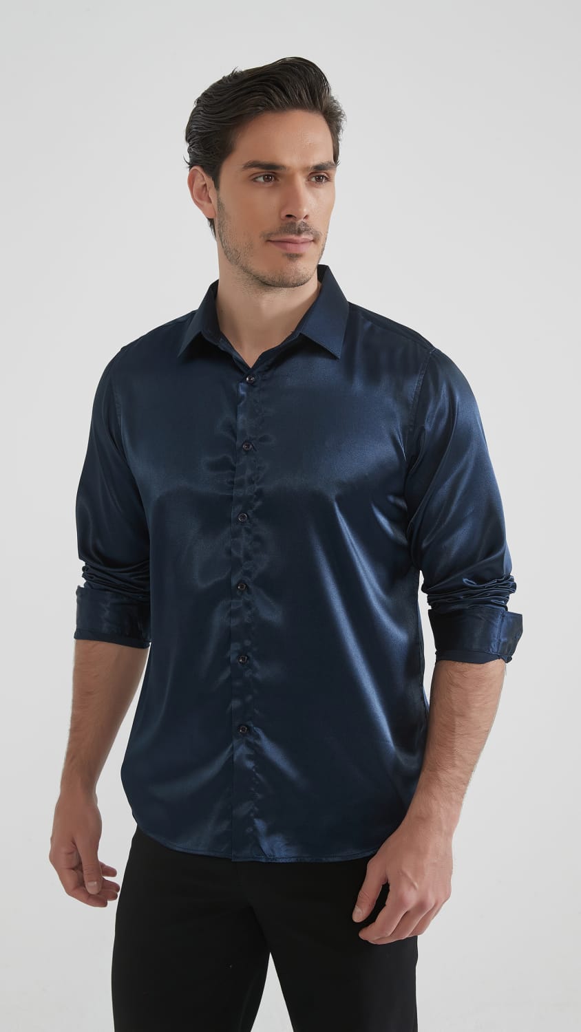 Camicia lucida in raso blu scura