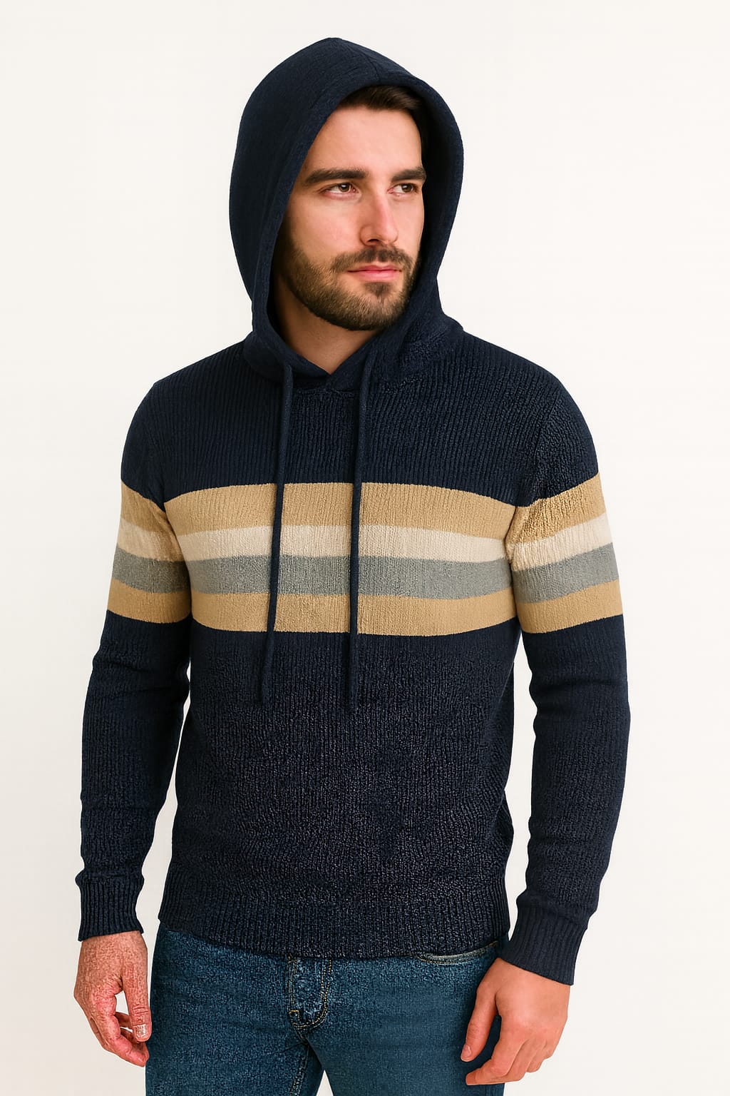 Maglioncino con fantasia a righe fondo blu scuro