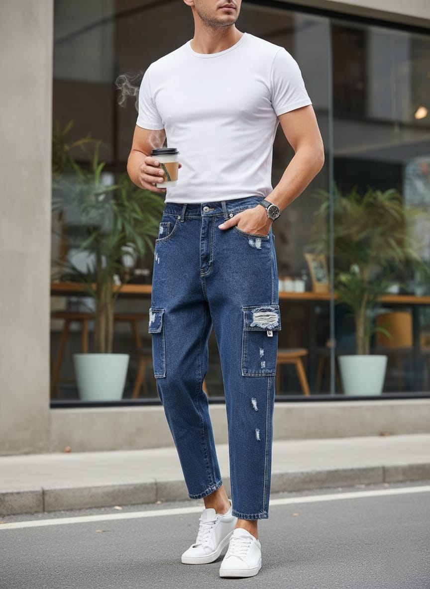 Jeans cargo art ga/2506 loose fit denim blu scuro con rotture