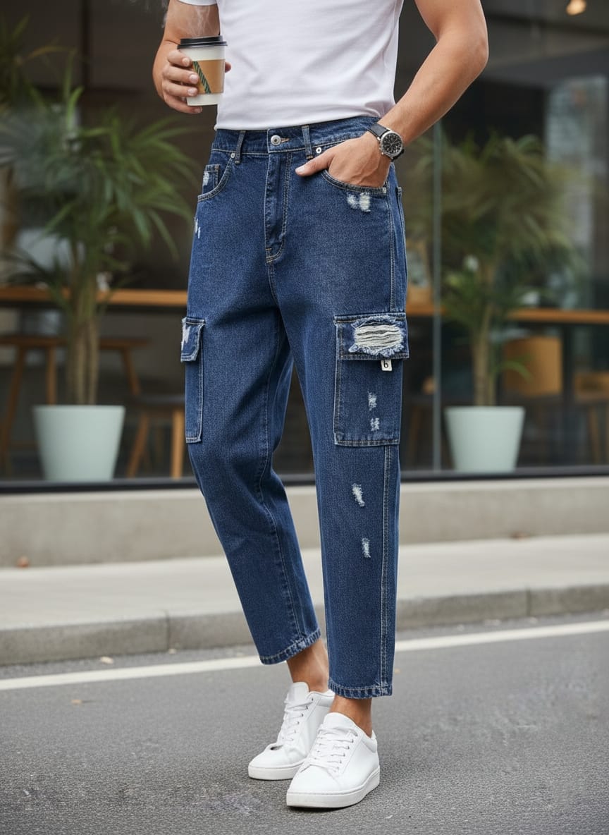 Jeans cargo art ga/2506 loose fit denim blu scuro con rotture