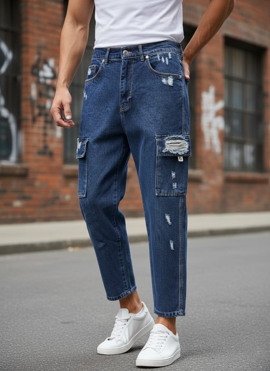 Jeans cargo art ga/2506 loose fit denim blu scuro con rotture