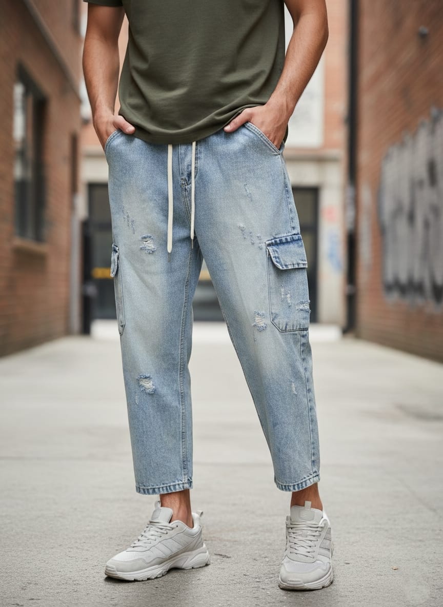 Jeans cargo art varenne loose fit denim chiaro con piccole rotture