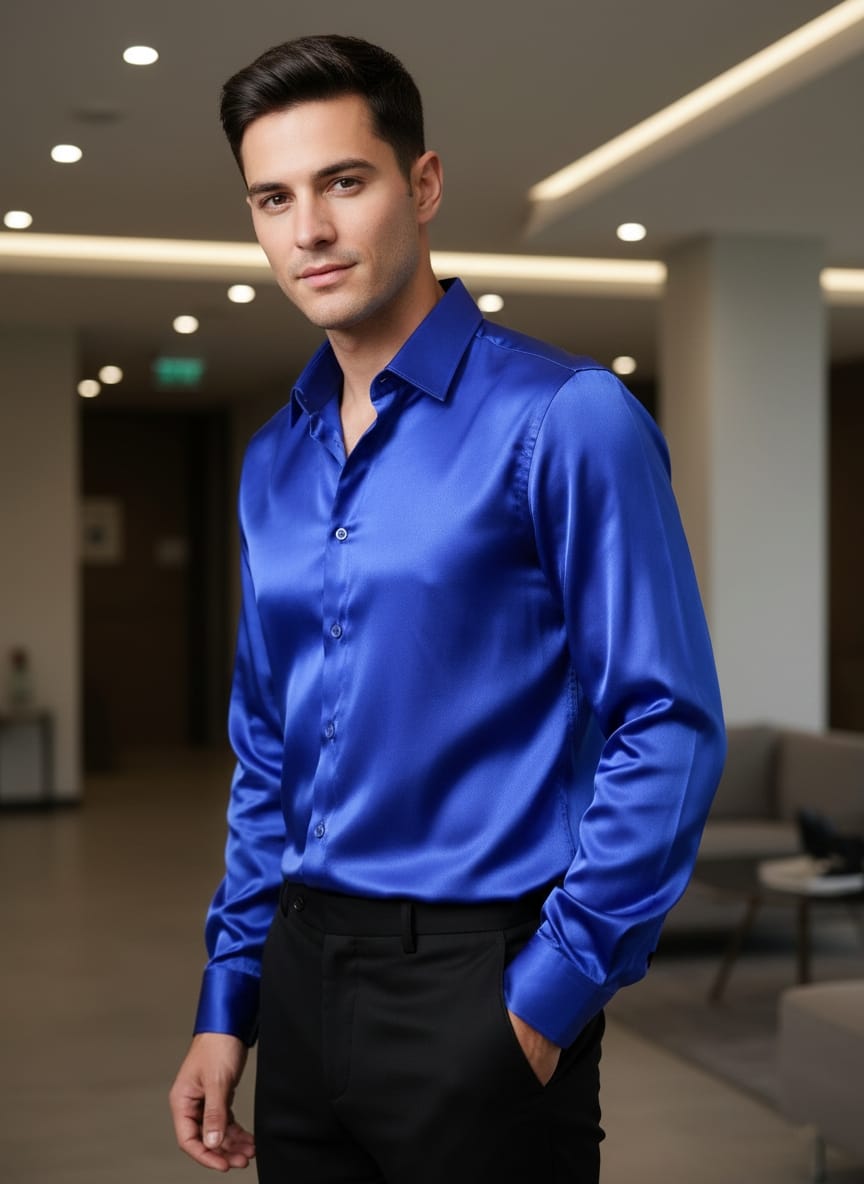 Camicia lucida in raso blu elettrica