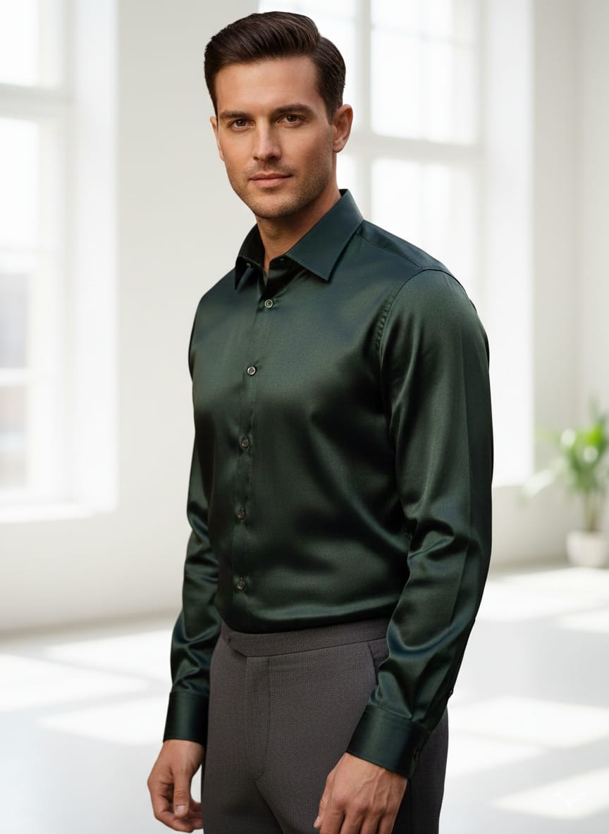 Camicia lucida in raso verde scura