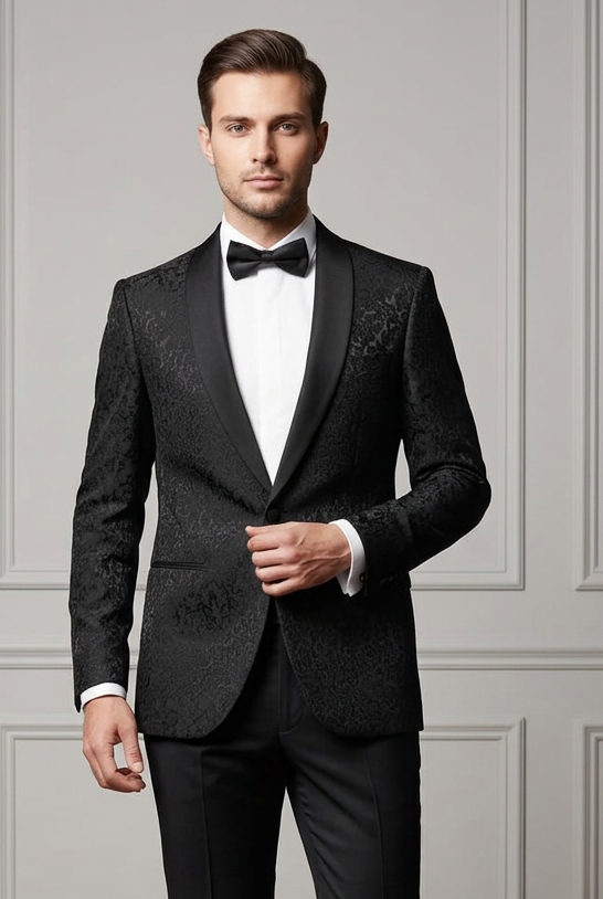 Abito completo giacca e pantalone smoking damascato nero