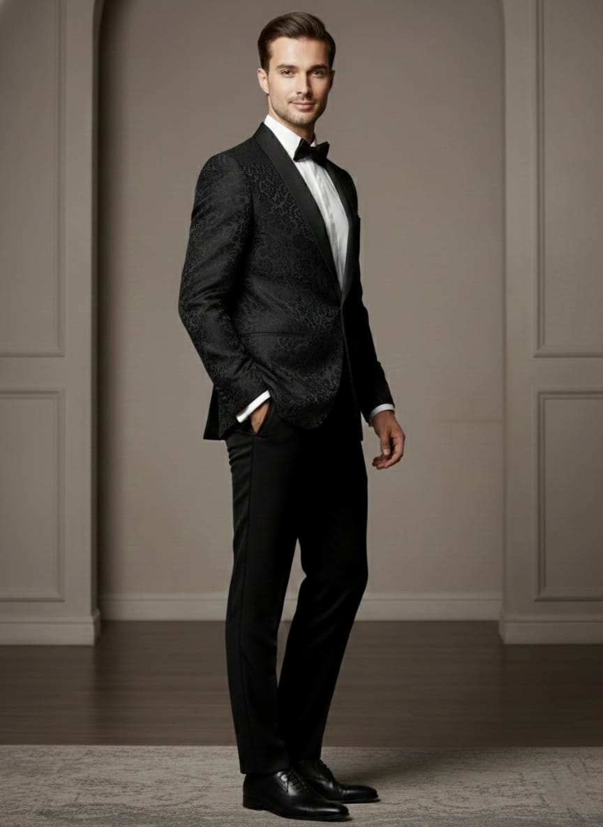 Abito completo giacca e pantalone smoking damascato nero