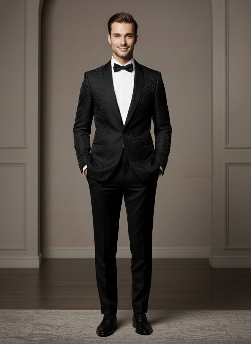 Abito completo giacca e pantalone smoking damascato nero