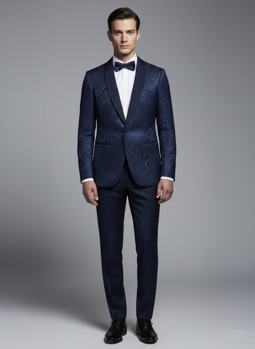 Abito completo giacca e pantalone smoking damascato blu