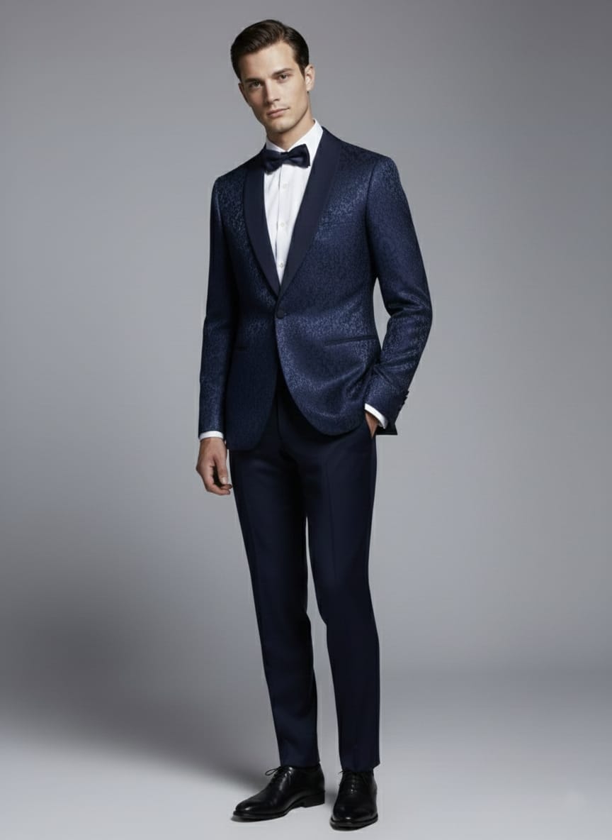 Abito completo giacca e pantalone smoking damascato blu
