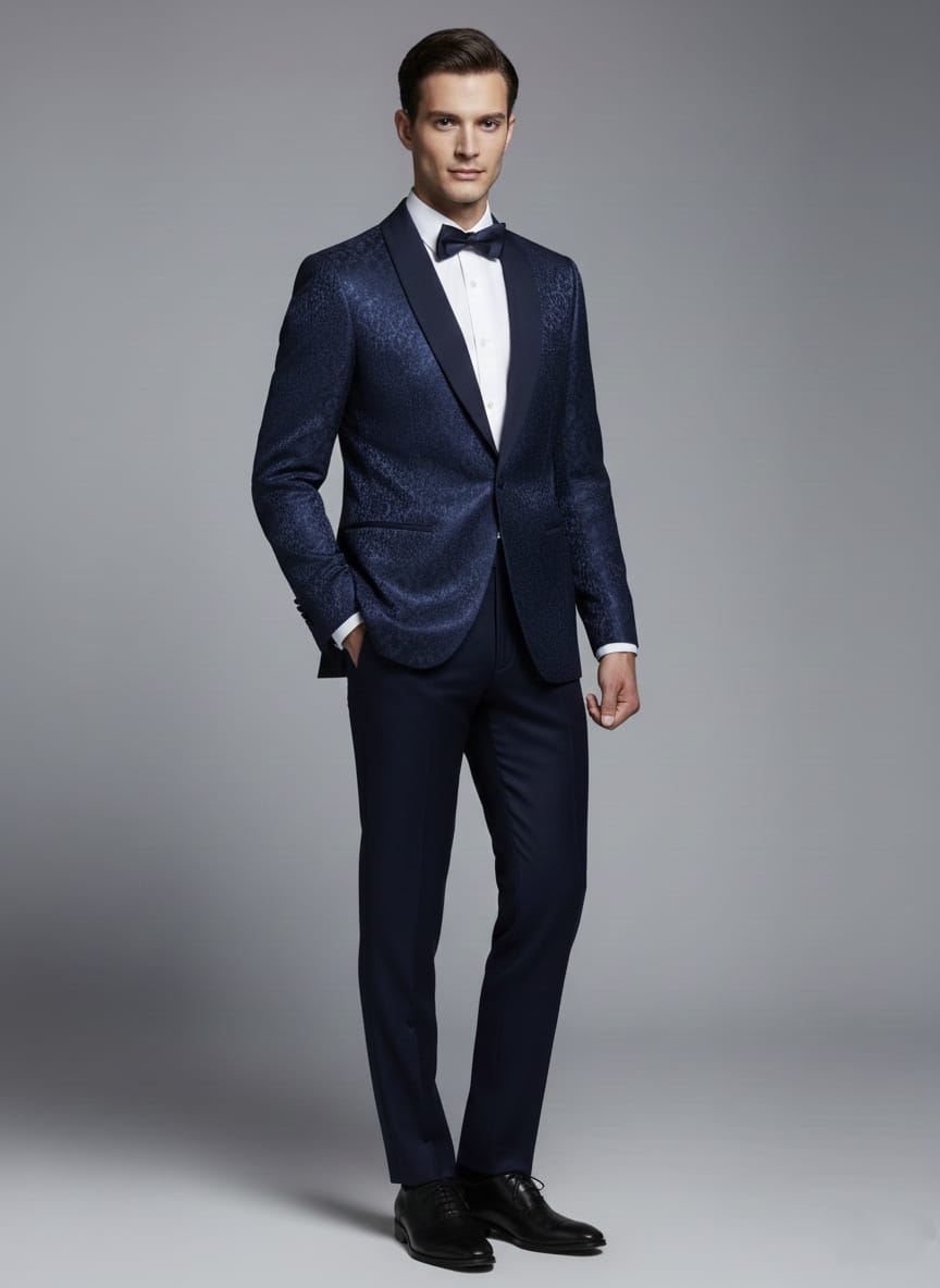 Abito completo giacca e pantalone smoking damascato blu