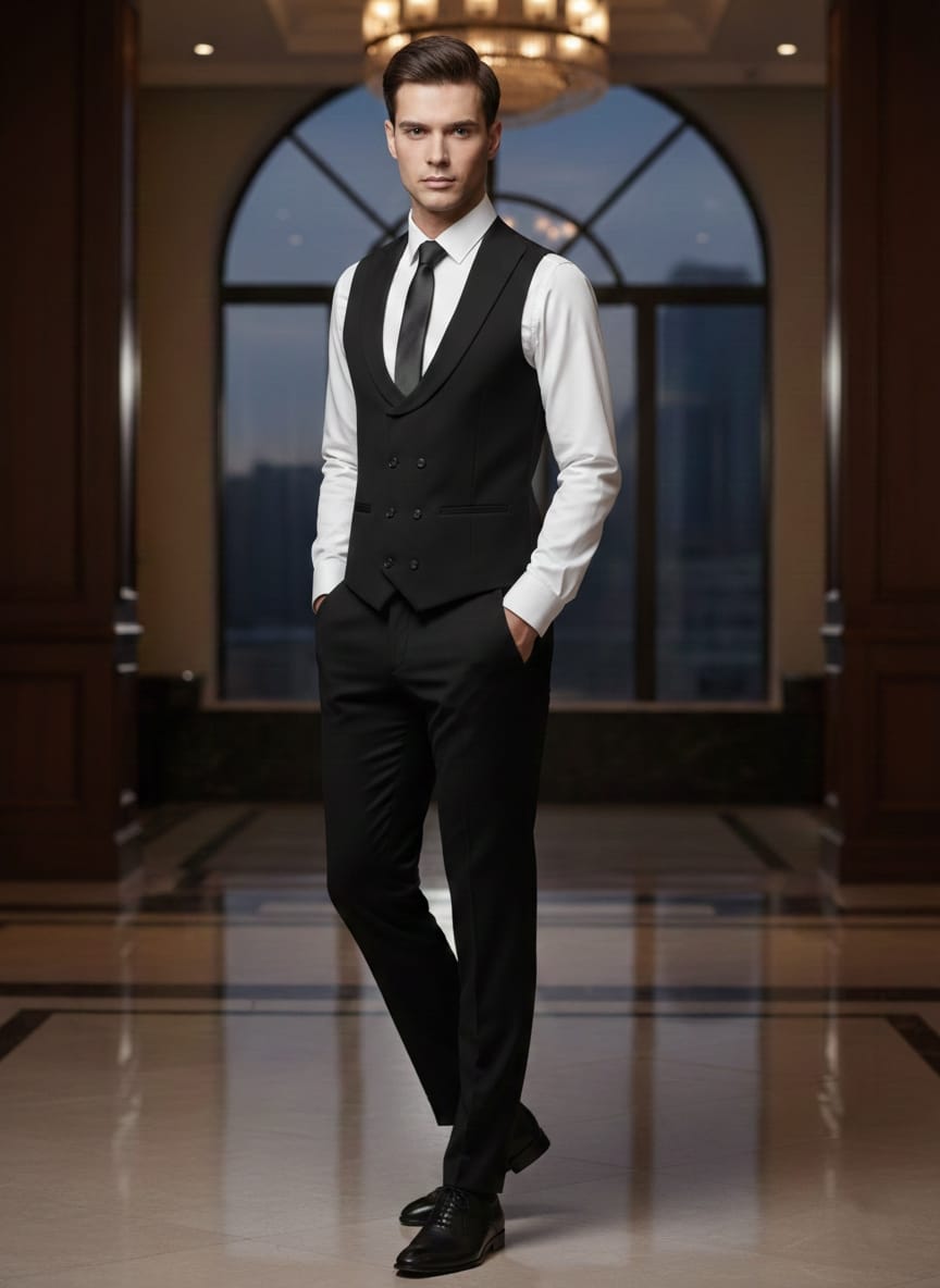 Abito completo elegante con gilet art nero slim monaco