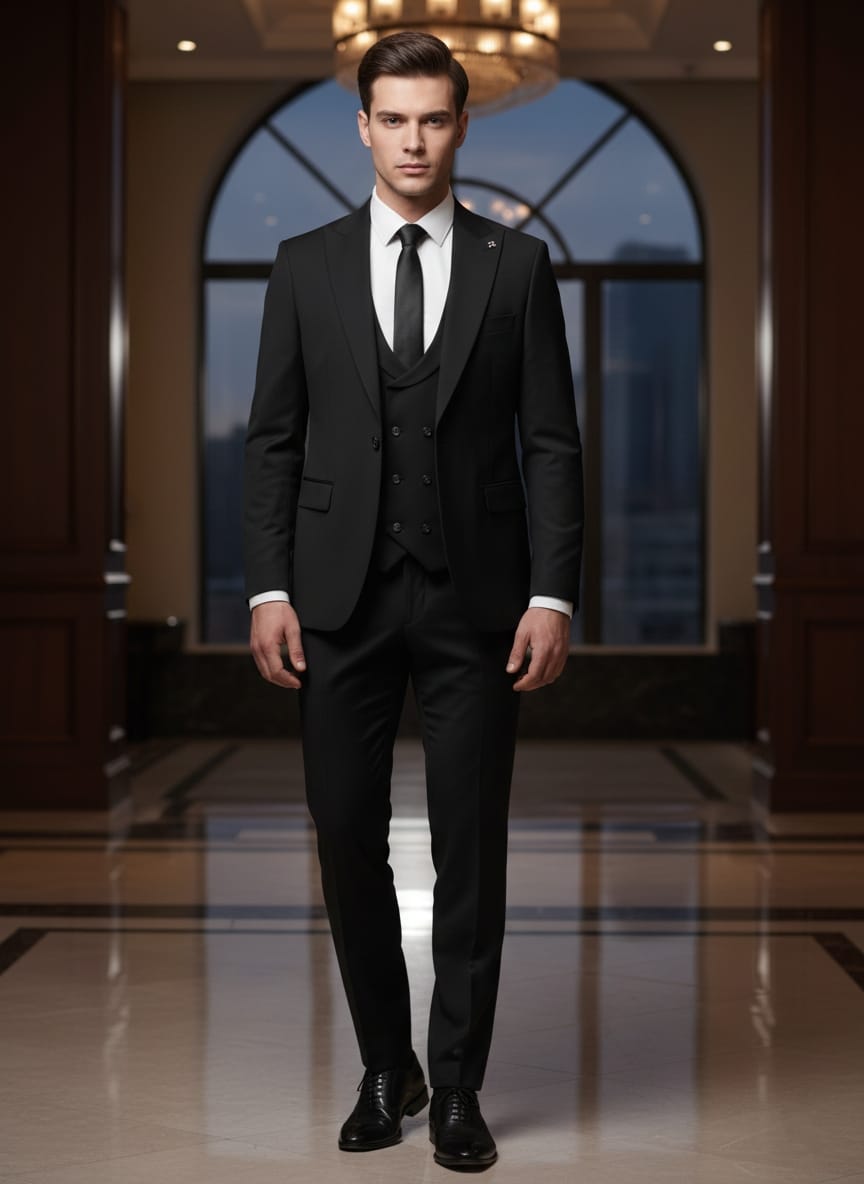 Abito completo elegante con gilet art nero slim monaco