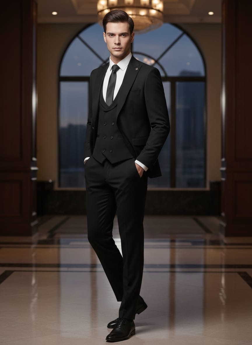 Abito completo elegante con gilet art nero slim monaco