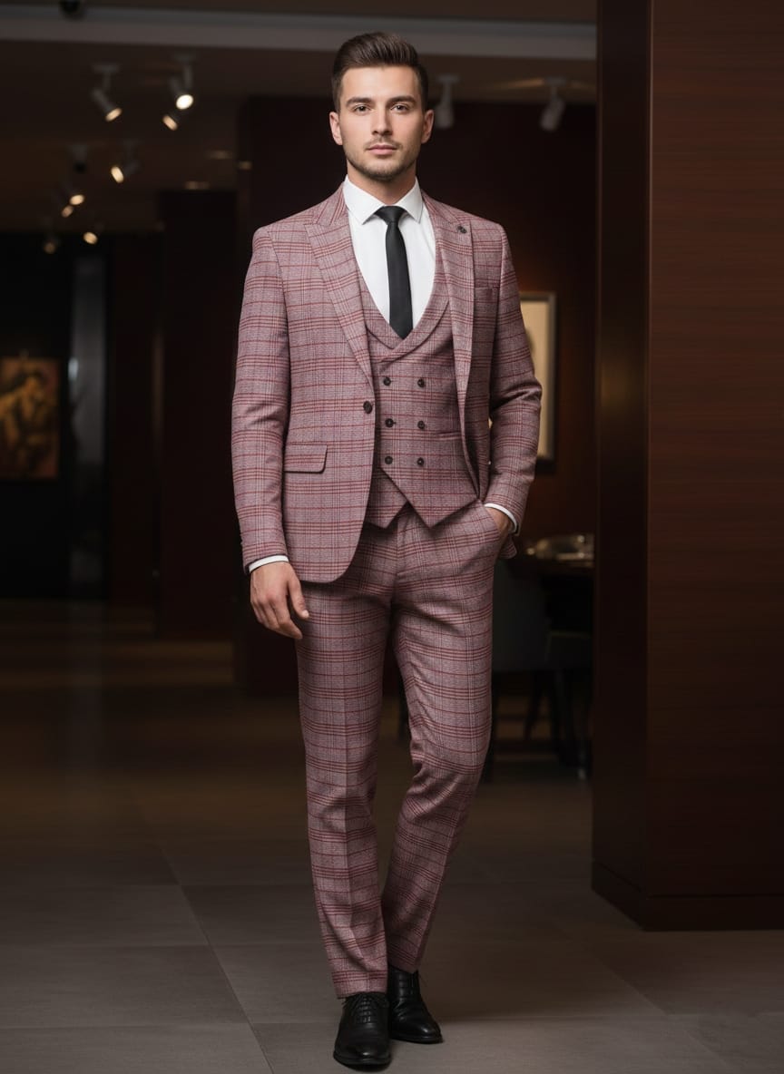 Abito completo giacca pantalone e gilet rosso quadro dandy