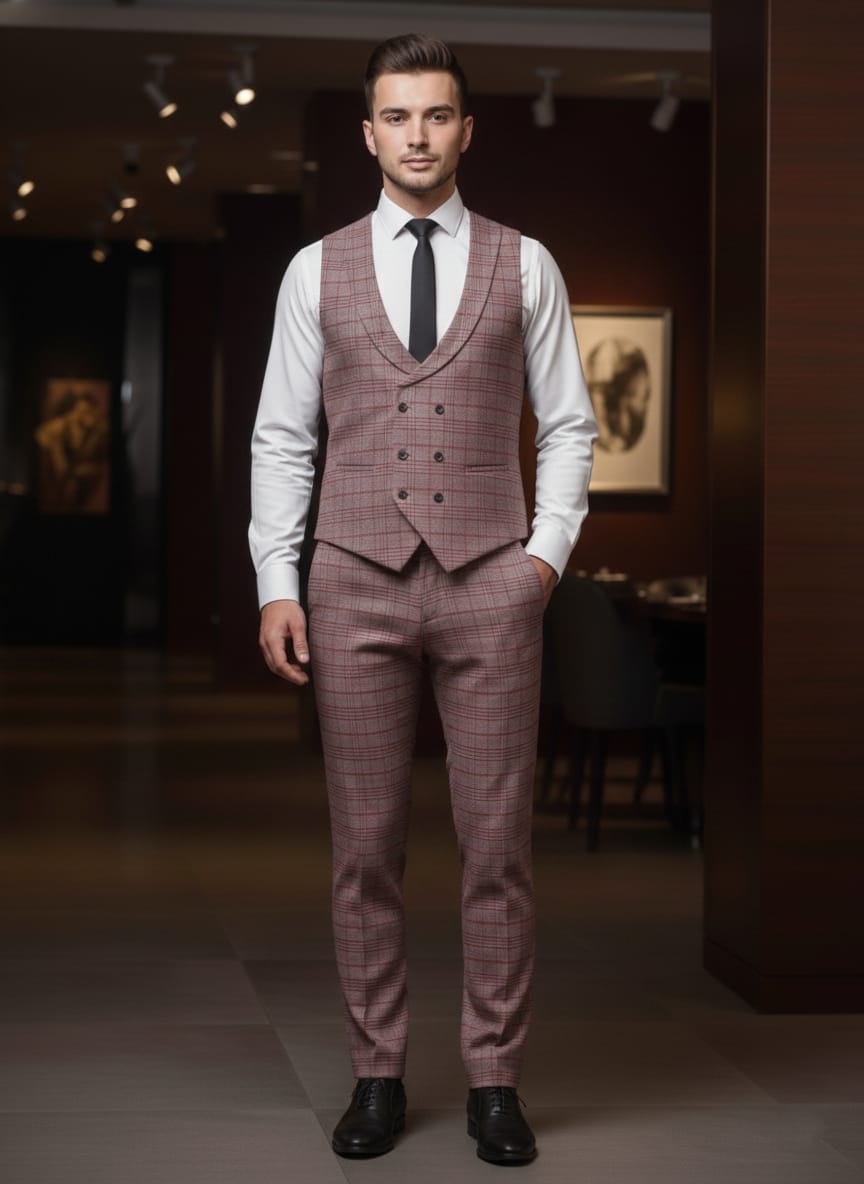 Abito completo giacca pantalone e gilet rosso quadro dandy