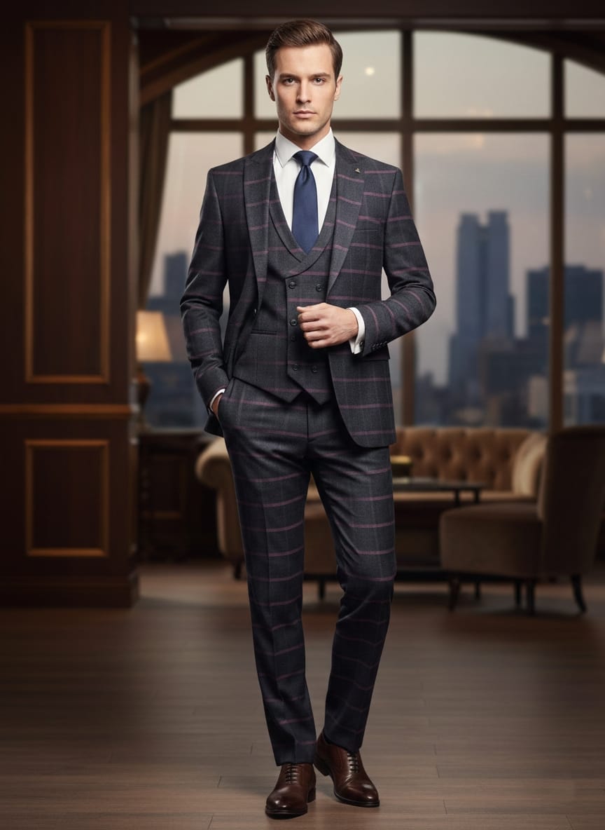 Abito completo giacca pantalone e gilet blu quadro dandy