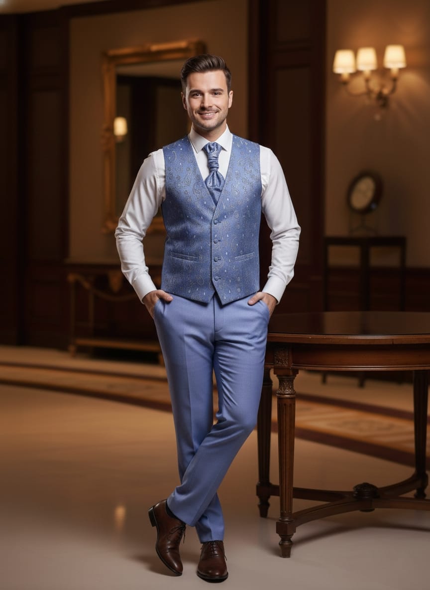 Abito slim elegante con gilet e  cravattone celeste